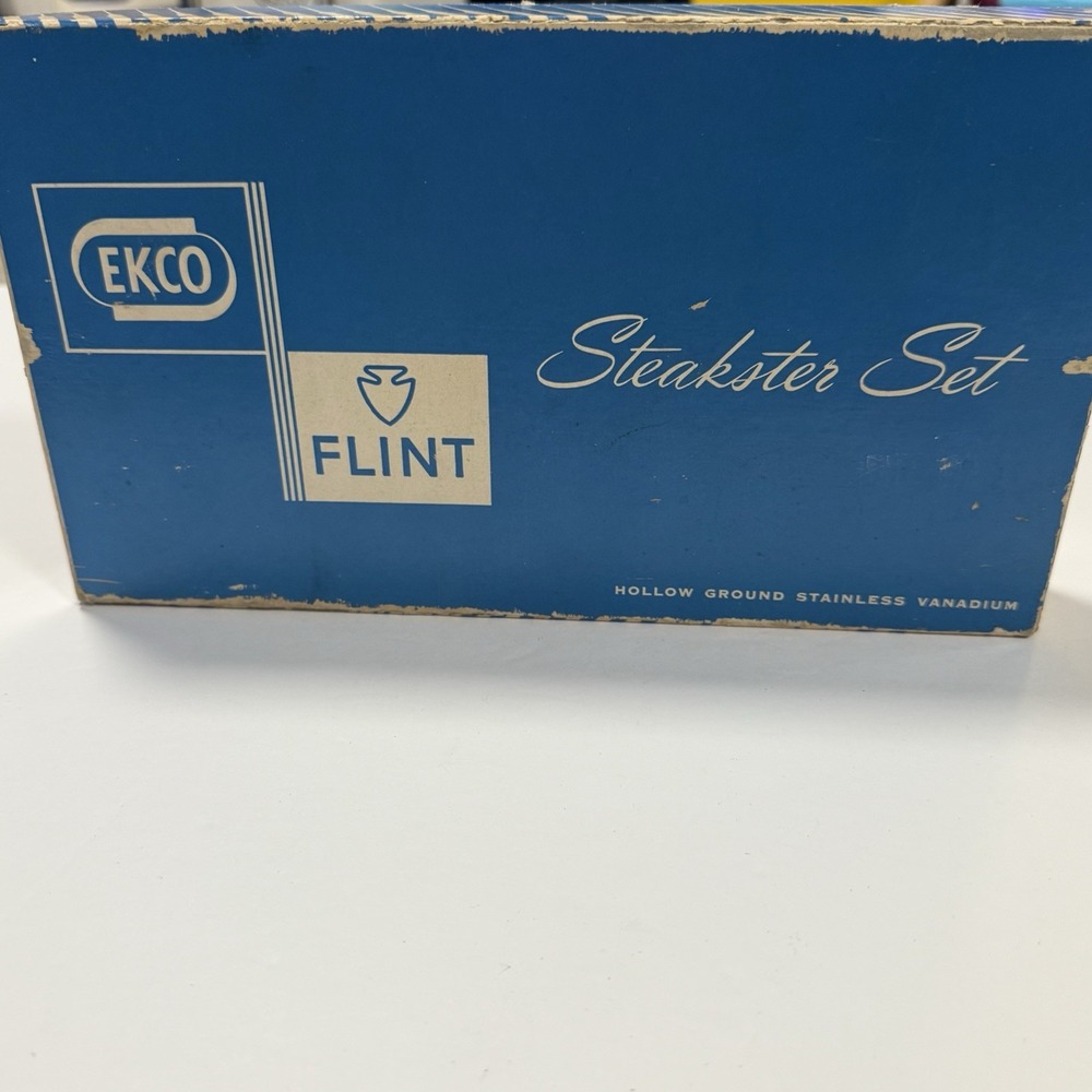 Ekco Flint Steakster Set 7 Steak Knives Stainless Vanadium Wood Holder Orig Box